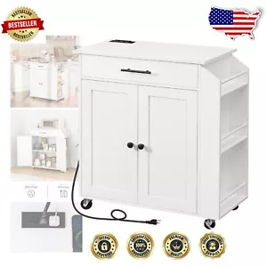 Elegant Kitchen Storage Island with 3-Tier Spice Rack and Power Outlet in White - Picture 1 of 11