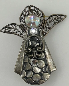 Vintage Angel Pin Silver Tone Rhinestones Open Work 1 3/8" Christian Brooch - Picture 1 of 8