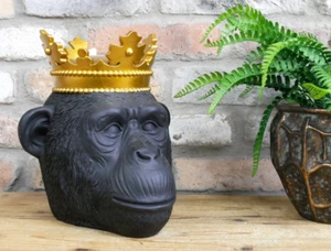 Black Gorilla Head Bust with Gold Crown Monkey Statue Ornament Home Decor Gift - Picture 1 of 3