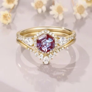 Vintage Hexagon Cut Alexandrite Engagement Ring Set Gold Bridal Ring Set For Her - Picture 1 of 6