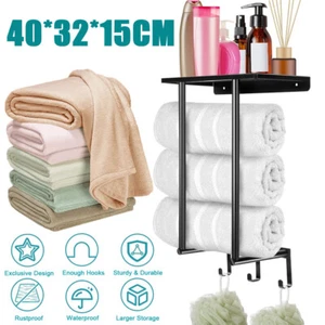 Wall Mounted Towel Rack Metal Storage with Shelf and 3 Hooks for Small Bathroom - Picture 1 of 10
