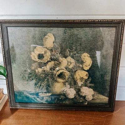 Vintage Floral Framed Wall Hanging | Poppies & Snowballs Floral Still Life - Image 1 of 4