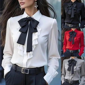 Women Blouses Long Sleeve Bow Decoration Casual Business Workwear Shirts Tops - Picture 1 of 22
