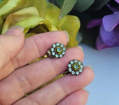 LIZ PALACIOS Mint Green Swarovski Crystal Antiqued Bronze Flower Clipon Earrings - Image 1 of 4