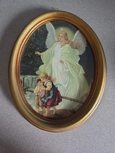 Vtg Oval Gold Framed Guardian Angel Children Print Picture Wall Decor 23"x 19" - Picture 1 of 2