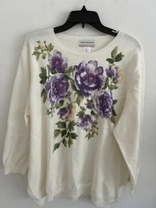 Alfred Dunner Cream Purple Floral Appliqué 3D Sweater Size 2X Cotton Work Travel - Picture 1 of 9