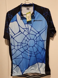 Nuckily Cycling Jersey Mens Medium Blue Full Zip Short Sleeve Spider Web Graphic - Picture 1 of 8