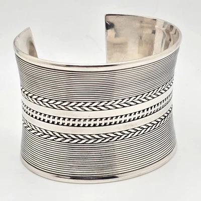 Sterling Silver Extra Wide 2" Concave Cuff Bracelet 7" Braided Coil Design 88.8g - Image 1 of 4