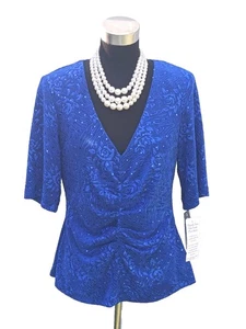 Connected Apparel Top Sz L Blue Beaded Knit Ruched Wedding Special Evening NEW  - Picture 1 of 6
