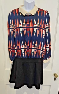 Dress Blouse Top w/ Retro Mod Design w/  Black Skirt Pearl Button Cuffs Size L - Picture 1 of 14