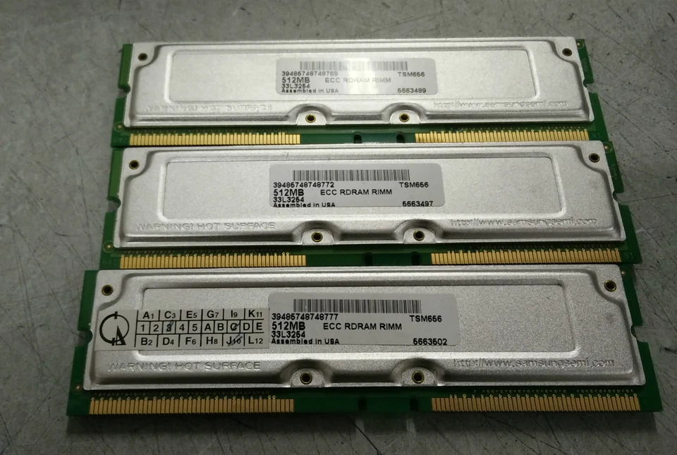 Lot of 3 IBM 33L3254 512MB RAMBUS RIMM 800-45 ECC RDRAM WORKSTATION MEMORY - Image 1 of 1