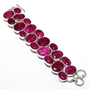Ruby(Simulated) Gemstone Handmade 925 Sterling Silver Jewelry Bracelet 7-8" - Picture 1 of 1