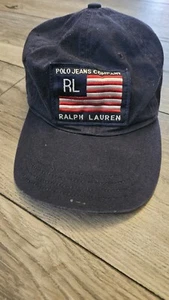 Vtg Polo Jeans Company Ralph Lauren Hat Cap Strapback Mens Navy Blue USA Flag - Picture 1 of 4