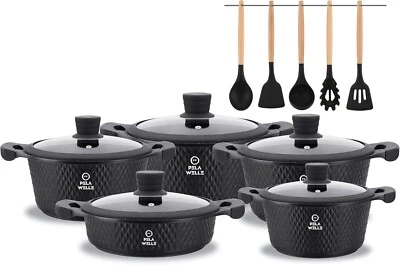Topfset Induktion 15-teilig Kochtopfset Kochtopf Kochgeschirr Schwarz PELA WELLE - Bild 1 von 4