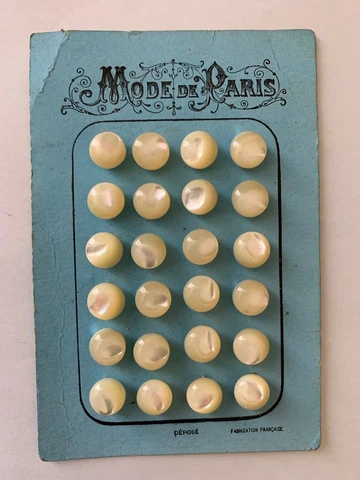 Antique 1900s MODE DE PARIS French Mother of Pearl Buttons on card -24 buttons Cover