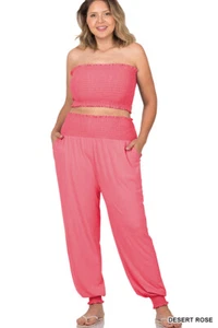 1X 2X 3X Damen Leopardenmuster gesmoktes Röhrenoberteil gesmokte Taille Jogger Set - Bild 1 von 2