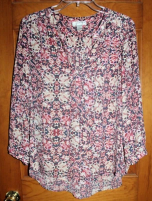Blusa para mujer KENAR manga 3/4 estampado floral abstracto rosa/crema/azul marino GRANDE usada en excelente estado Foto 1 de 4