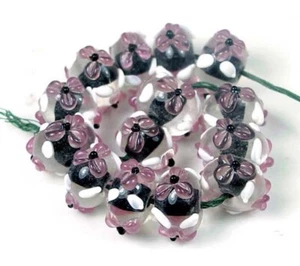 8 Handmade Lampwork Glass Rondell Pink Black Beads 15x9mm - Picture 1 of 1