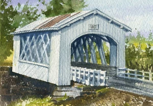 Gilkey Covered Bridge, Thomas Creek, Oregon. Gerald Hill watercolor notecards - Picture 1 of 2