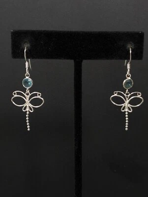 Sterling Silver 925 Dragonfly Blue Glass Bezel Bead Dangle Hook Earrings Beachy - Image 1 of 4