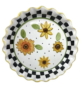 Art Pottery Sunflower Pie Dish Black Check Green Polka Dot Exterior Mark Allisa - Bild 1 von 7