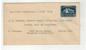 1932 GEORGE WASHINGTON BICENTENNIAL U528 ENV. & C STEINMAN WISCONSIN ADVERTISING - Picture 1 of 1
