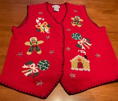 B.P. Chaleco de Navidad de diseño talla Lg diestro 31691 vintage apliques 3D cuentas algodón rojo Foto 1 de 4