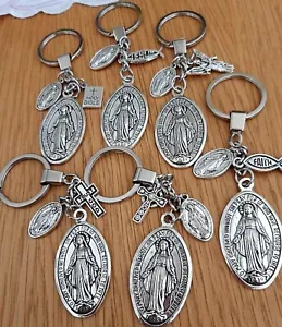 Religious Keyring Silver 2 Designs Large Mother Mary Pendants pick extra Charm - Picture 1 of 23