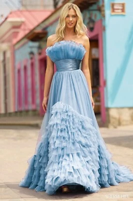 Sherri Hill Sz 8 Light Blue Gown 55323 Prom Dress Strapless Ruffle Satin Waist - Image 1 of 4