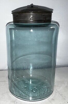 Antique Early Blown Glass Country Storage Apothecary Jar 8  Tin Lid • 172.35$