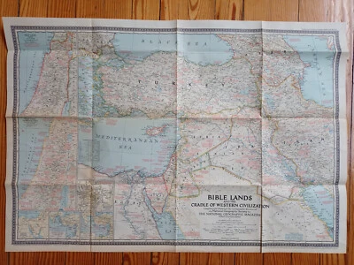 JUDAICA MAP BIBLE LANDS CRADLE OF WESTERN CIVILIZATION National Geographic 1946 - Image 1 of 3