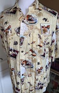 Disney Mens Medium Beige Hawaiian Aloha Shirt Mickey, Pluto, Goofy Nautical Boat - Picture 1 of 4