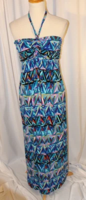 Nicole Miller размер XL синий мульти геометрический принт с бретелью через шею макси платье сарафан - Изображение 1 из 4