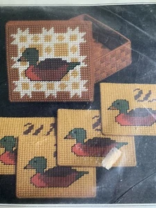 Mallard Duck Costers Needlepoint Plastic Canvas Kit Vintag NIP Set of 4 + Holder - Picture 1 of 9