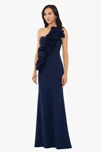 Betsy & Adam Navy Blue Rosette One-Shoulder Trumpet Gown Size 8 $269 - Picture 1 of 3