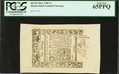 1786 RHODE ISLAND American Revolution Colonial Currency Bank Note RI-292 PCGS 65 - Image 1 of 4