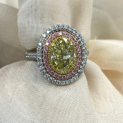 3.00Ct Oval Cut Lab Grown Fancy Vivid Yellow Diamond Halo Wedding Ring 14k Gold - Image 1 of 4
