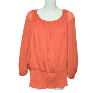 Colleen Lopez Womens 1X Blouse Burnt Orange Smocked Flowy Lightweight Sheer Boho - Picture 1 of 10
