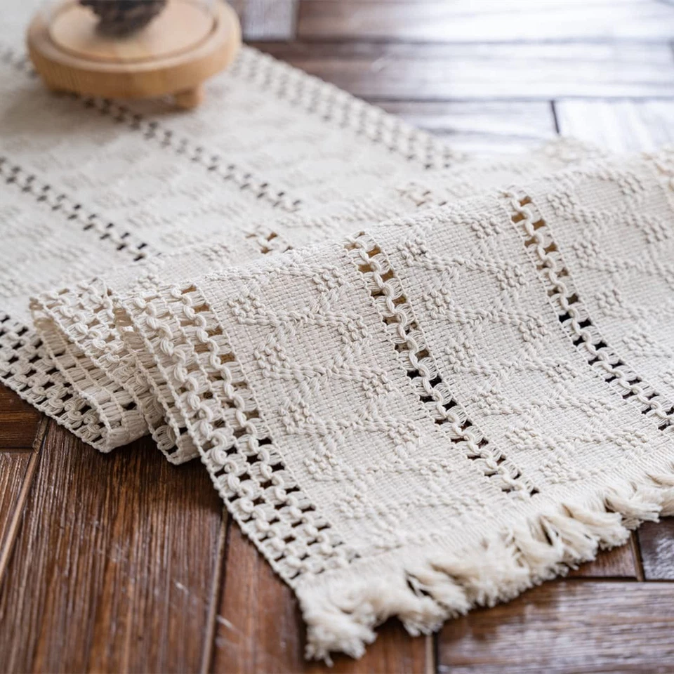 ALYNSEHOM Macrame Table Runner Cream Beige Boho Table Runners with Tassels Hand Woven C...