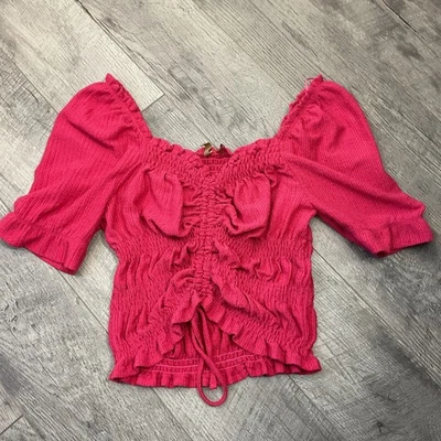 Pilcro Anthropologie Ruffle Puff Sleeve Cinch Waist Top Womens Medium - Image 1 of 4