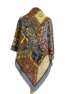 H31#Tino Lauri Silk Scarf Leopard Jungle Print Brown Yellow Gray Designer Square - Picture 1 of 5
