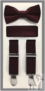 Dark Burgundy NEW Boy's Clip Suspender Bow tie & Pocket Square 3 pieces set - Picture 1 of 1