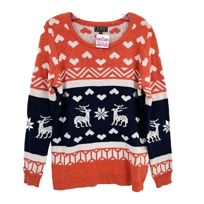 POL Women's Size M Orange/Navy/White Reindeer Hearts Snowflake Knit Sweater NWT - Image 1 of 4