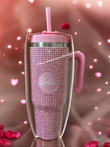 Pink Studded Rhinestone Barbie 40oz Tumbler Travel Mug Sparkling Bling New - Picture 1 of 6