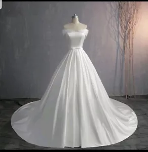 UK Simple White/ivory Off Shoulder Bridal Satin A Line Wedding Dresses Size 6-20 - Picture 1 of 5
