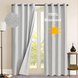 100% Blackout Faux Linen Curtains Thermal Insulated Light Blocking Drapes - Picture 1 of 30