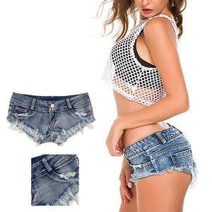 Festival Womens Denim Shorts Vacation Jeans Low Rise Bikini Club Thong Cut Off - Picture 1 of 30