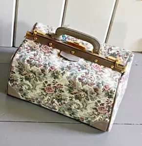 Vtg FRENCH Luggage Grey Rose Floral Tapestry Cosmetic Train Case Purse Bag - Picture 1 of 10