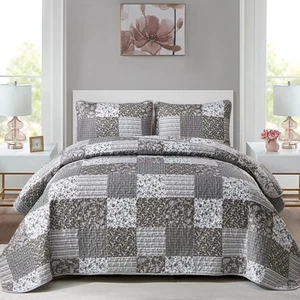 Grey Boho Quilt Set King Size,3 Pieces Plaid Floral Bedspread Coverlet Set fo... - Picture 1 of 7