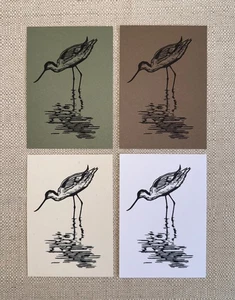 Pack 4 Notecards - Bird Designs - Avocet - Linocut - Single Sided - Picture 1 of 2
